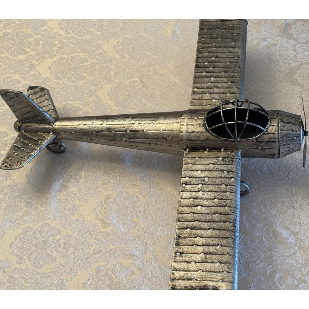 Vintage Style Metal Biplane Airplane Desk/Shelf Decor Model 21in Silver/Black